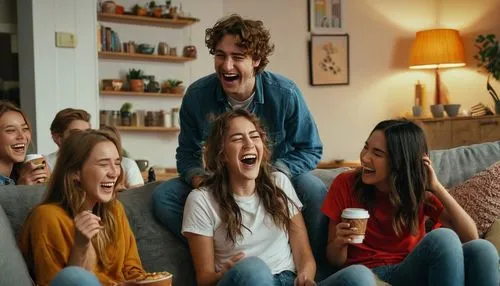 Contagious laughter scene, Reddit community, group of friends, 20-25 years old, casual wear, t-shirts, jeans, sneakers, messy hair, bright smiles, joyful facial expressions, eyes crinkled at corners, 