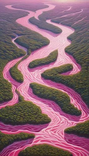 purple landscape,river delta,river landscape,acid lake,marshland,aura river,lava river,polders,pink grass,tributaries,meandering,wavelength,meanders,a river,amazonas,amazonia,meander,marshlands,swampy landscape,tanana river,Illustration,Realistic Fantasy,Realistic Fantasy 03