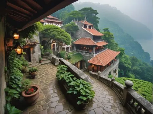 wudang,yangling,yangshao,shaoming,guizhou,asian architecture,hushan,wenchuan,tigers nest,huadong,huashan,vietnam,house in mountains,monasteries,teahouses,shannxi,xiangshan,mountain village,roof landscape,ha giang,Illustration,Realistic Fantasy,Realistic Fantasy 19