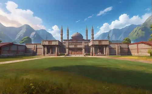 Japanese Anime, Makoto Shinkai Style,an artist's rendering of a huge building,westfall,arenanet,khandaq,ravenwood,shambhala,riftwar,Anime,Anime,Realistic