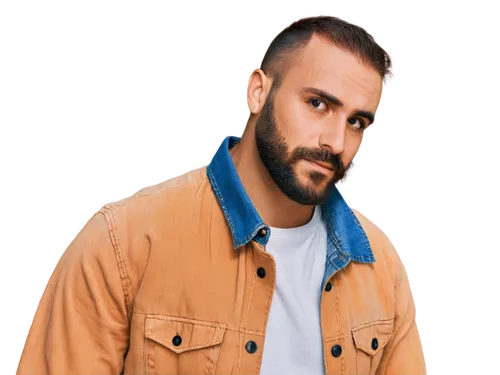 Bearded man, close-up shot, facial hair, brown beard, mustache, sideburns, detailed eyes, nose ring, casual wear, white shirt, denim jacket, relaxed posture, leaning on something, natural light, shall