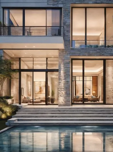 Mulroney Architecture, modern villa, luxurious mansion, stone wall exterior, grand entrance, double doors, glass roof, minimalist interior, marble floor, spiral staircase, floor-to-ceiling windows, ci