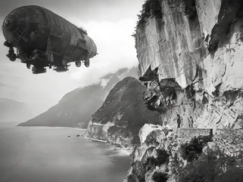 the large balloon is flying above the water,malaparte,airships,cliffhangers,cliffhanger,cliffsides,wingsuit