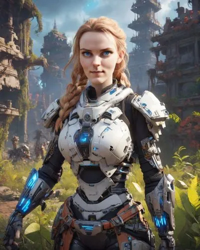 Pretty blonde, lustfully looking, admiringly, blue eyes, in the dark night, in the style of the computer game Horizon Zero Dawn, Aloy,  in the background post-apocalyptic ruins of the city overgrown w