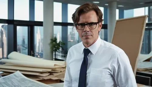 Middle-aged male architect, bespectacled, short brown hair, clean-shaven, wearing a white shirt, black tie, dark blue suit, holding a rolled-up blueprint, standing in front of a large wooden desk, sur