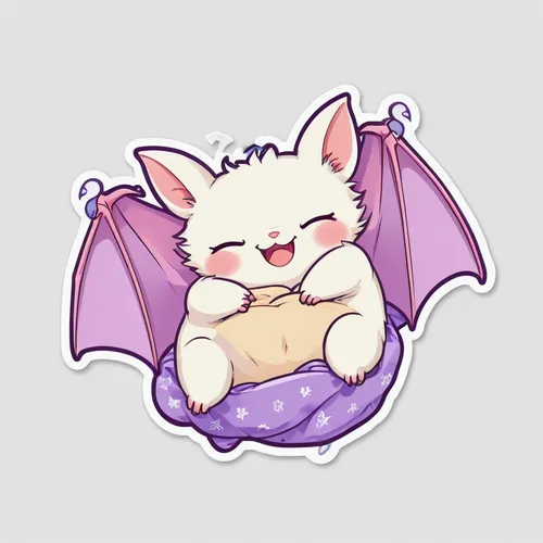 (white background), bat sleeping, upside down while holding on with their claw. Style sticker, front, purple ,hanging bat,tropical bat,vampire bat,fruit bat,bat,lazy boy,belly,baby bed,mochi,baby bell