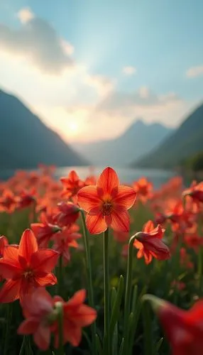 flower in sunset,orange red flowers,red orange flowers,flower field,flower background,mountain flowers,Photography,General,Realistic