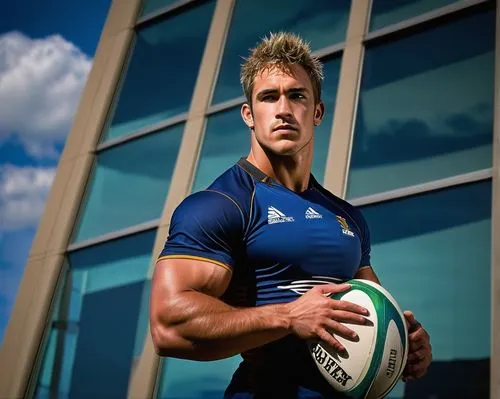 Rugged muscular man, rugby player, athletic build, sweaty, intense expression, short spiky hair, sports uniform, holding rugby ball, standing proudly, Grand Prairie TX, modern architectural building, 