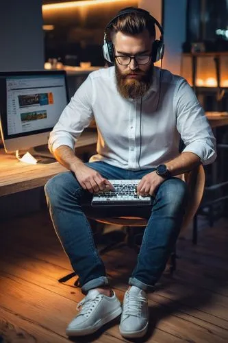 Modern developer, male, 30s, hipster beard, glasses, casual wear, white shirt, jeans, sneakers, sitting, coding, laptop, multiple screens, desk, office, cityscape, evening, warm lighting, soft focus, 