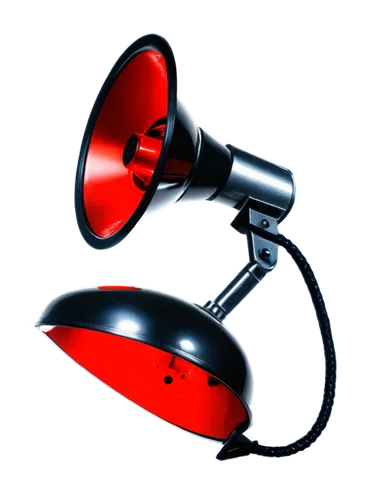 Alarm siren, loud sound effect, red light flashing, metallic body, curved shape, silver handle, warning signal, emergency response, close-up shot, high contrast, dramatic lighting, shallow depth of fi