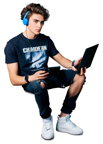 Young adult, gamer, male, messy hair, casual wear, graphic t-shirt, ripped jeans, sneakers, holding gaming controller, sitting in front of screen, playing video game, focused expression, dramatic ligh