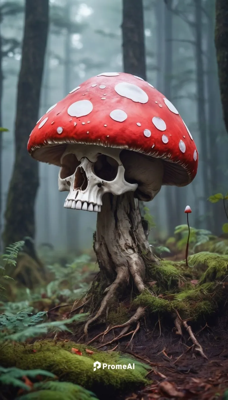 Fantasy scene, eerie atmosphere, giant skull mushroom, 3-4 meters tall, white cap with red spots, thick stem, misty cloud surrounding, dark forest floor, twisted roots, foggy background, dim moonlight