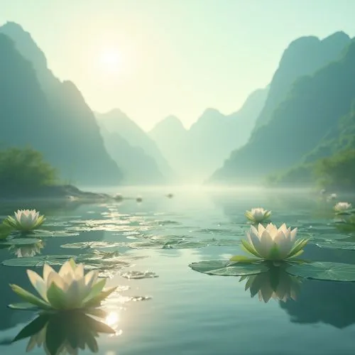 Celadon color, soothing background, calming atmosphere, serene landscape, misty mountains, tranquil lake, lotus flowers, gentle ripples, soft sunlight, warm ambient lighting, peaceful composition, 3/4