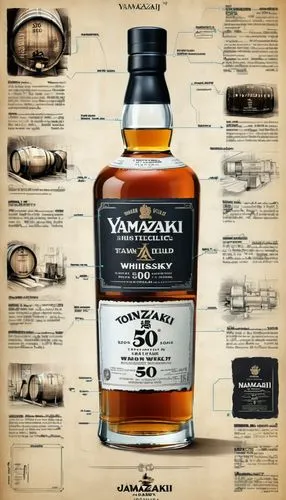 an industrial design sketch of a beautiful Yamazaki 50-Year-Old whiskey ancient whisky bottle, movie poster advertising (construction plan) modern style with some advertising notices,  frozen effect, 