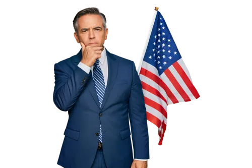 Patriot, middle-aged man, serious expression, proud eyes, firm jawline, short hair, suit and tie, American flag pin on lapel, standing upright, hands behind back, national anthem playing in background