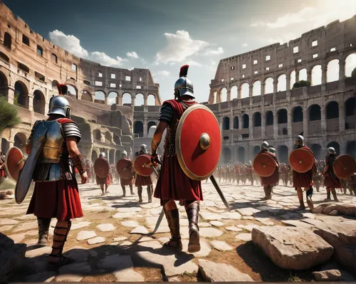 Roman legionaries in battle formation, heavy armor, red cloaks, galea helmets, scutum shields, gladius swords, pilum javelins, disciplined, marching, ancient Roman architecture, Colosseum, marble colu