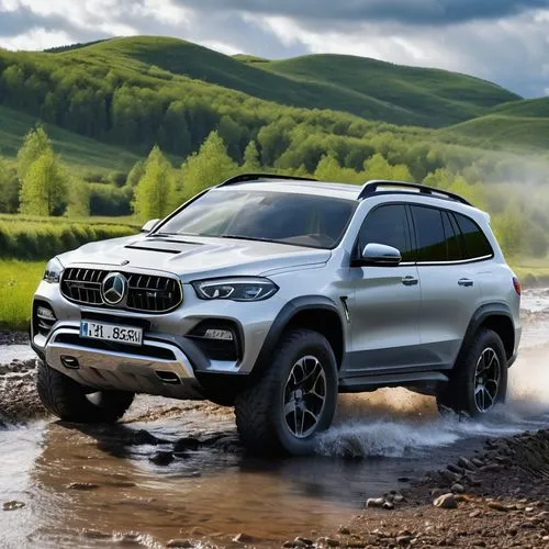 SUV sport car, 2 doors, 4x4 w, gray color, driving on a rough road. There is a stream blocking the runway.,mercedes-benz gls,compact sport utility vehicle,bmw x1,jeep trailhawk,toyota land cruiser pra