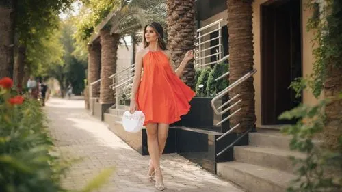 orange blossom,girl in a long dress,girl walking away,woman walking,hande,tereshchuk