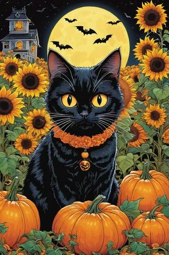 halloween cat,halloween black cat,halloween poster,halloween background,samhain,halloween wallpaper,Illustration,Japanese style,Japanese Style 05