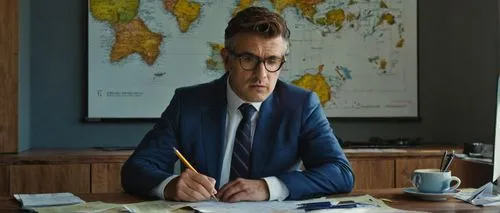 Software architect, middle-aged man, serious facial expression, glasses, short brown hair, white shirt, dark blue suit, tie, sitting, office, modern interior, wooden desk, computer screen, code on scr