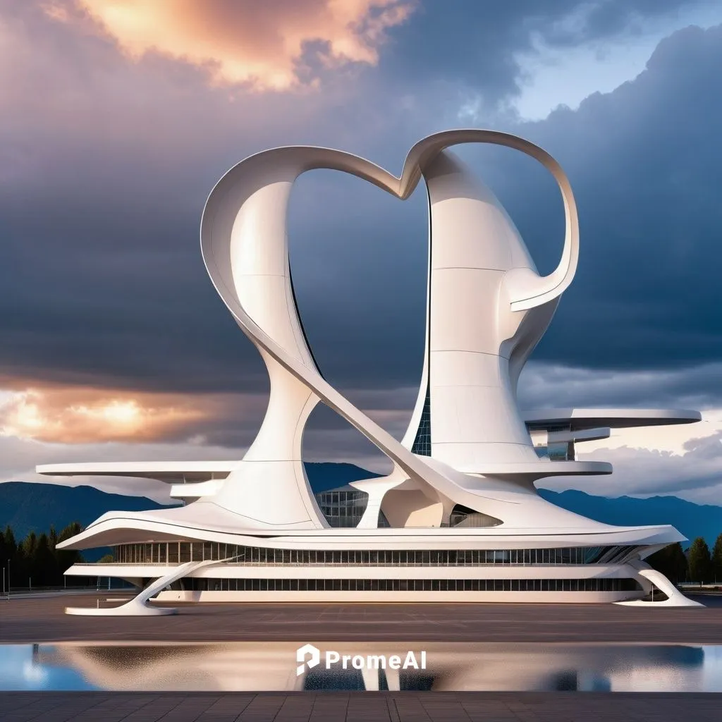 A building with a very futuristic shape that has never been seen before. Beautiful and dazzling to the eye Similar to the space shuttle of the future,futuristic architecture,futuristic art museum,cala