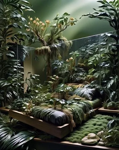 diorama,herbal cradle,jungle,sleeping pad,canopy bed,sleeping room,exotic plants,bamboo plants,bonsai,green plants,green living,bed in the cornfield,bamboo curtain,rain forest,garden of eden,tropical jungle,zen garden,forest of dreams,houseplant,green waterfall