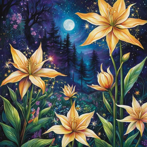 starflower,magic star flower,flower painting,moonflower,star flower,garden star of bethlehem,star of bethlehem,star-of-bethlehem,wildflowers,night stars,flowers celestial,moonlight cactus,splendor of flowers,moravian star,star winds,magnolia star,colorful stars,starry night,beach moonflower,lilies of the valley,Illustration,Paper based,Paper Based 09