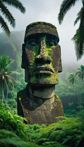 Moai statue, Easter Island, ancient temple, stone structure, intricate carvings, mysterious facial expression, worn patina, lush green surroundings, tropical plants, palm trees, misty atmosphere, dram