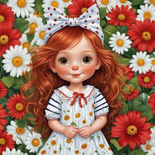 whimsical,A silly little girl with long messy red hair, eyelashes, small nose and thin lips,white flower pattern bandana with 2 flowers. white shoes, dressed in a white flower pattern dress bell shape