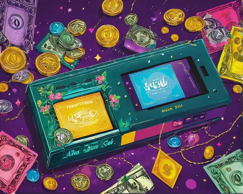 No credit check, instant cash!,electronic money,game illustration,rupees,twenties,polymer money,handheld game console,gameboy advance,nintendo 3ds,moneybox,20s,colorful foil background,ec cash,banknot