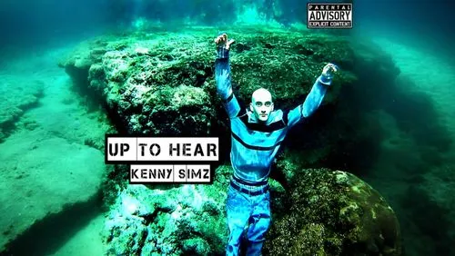 A bald adult deep underwater, album cover, realistic, smooth blending,8K,,a man wearing a wet suit posing on the ocean floor with his arms up to his face,neck,under the water,under water,deaf,hung up,