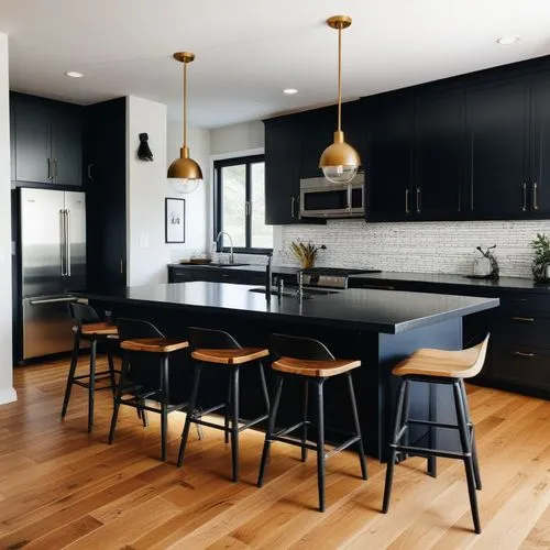 kitchen with black and gold accents, stainless steel appliances and wood floors,modern kitchen interior,dark cabinets,kitchen design,modern kitchen,dark cabinetry,contemporary decor