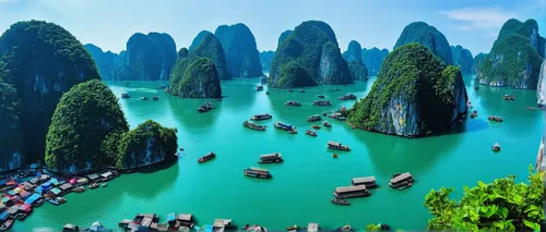 guilin,halong bay,phang nga bay,viet nam,guizhou,zhangjiajie,ham ninh,wuyi,artificial islands,teal blue asia,karst landscape,floating islands,vietnam,boat rapids,artificial island,nước chấm,emerald sea,green trees with water,xinjiang,futuristic landscape,Illustration,Paper based,Paper Based 28