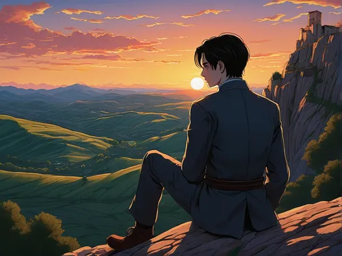 Illustrate a serene and emotional fanart of Levi Ackerman gazing at the sunset on a peaceful hill.,meteora,overlook,rising sun,lupin,howl,kingdom,dusk background,sunset,the horizon,mountain sunrise,mo