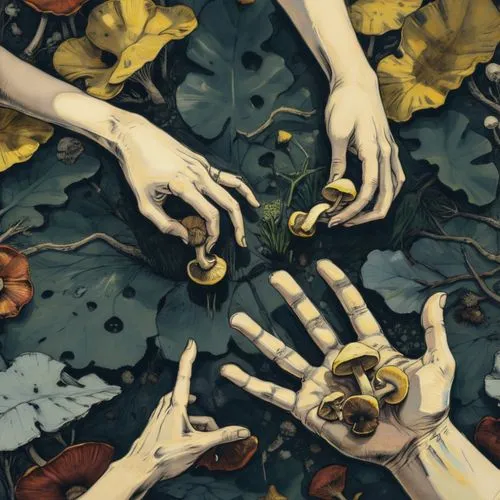 a hand held open with a couple yellow mushrooms in its palm, three other hands reaching in to pick up a mushroom,Deadly Choices,human hands,hands,Mushroom,Illustration,Black and White,Black and White 