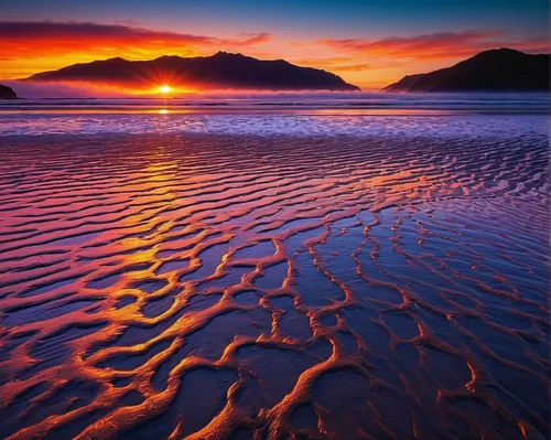 Water racing over ripples on the beach at New Zealand's Molyneux Bay catch some of the fiery color of the sunrise. This beach is located on the south island of New Zealand near Kaka Point in the Catli