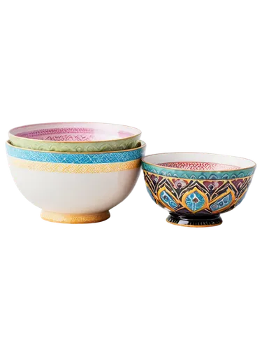 Ceramic bowls, three pieces, white interior, colorful exterior, glossy finish, ornate handles, delicate patterns, morning light, 3/4 composition, shallow depth of field, soft focus, warm color tone.,t