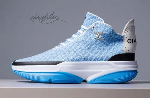 Battleknit upper sneaker with pebbled leather heel cap Qiaodan name logo, logo on vamp, multi colored pattern color scheme , white and light blue sport sole,Qiaodan sneaker ,unc,cinderella shoe,kds,ta