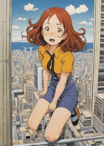 up high,hanging down,skycraper,looking up,above the city,flying girl,looking down,on the roof,sky apartment,34 meters high,skyscraper,falling,above,climb,up,hinata,bird's eye view,roof,rooftop,girl in overalls,Illustration,Retro,Retro 21