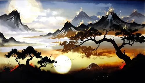 landscape background,badland,cartoon video game background,fantasy landscape,dusk background,mountain scene,mountainous landscape,mountain landscape,desert background,desert landscape,autumn mountains,mountains,volcanic landscape,mountain range,beleriand,art background,karst landscape,mountain world,world digital painting,desert desert landscape,Illustration,Paper based,Paper Based 30