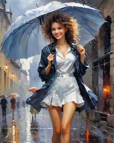 girl holding an umbrella in the rain,donsky,walking in the rain,raincoat,pluie,impermeable,rainwear,light rain,lluvia,in the rain,raining,rainswept,art painting,photorealist,martindell,dmitriev,brolly