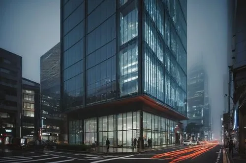 Modern RPC Architectural Design Ltd office building, glass facade, steel structure, sleek lines, urban cityscape, Tokyo streets, night scene, neon lights reflecting off windows, 3/4 composition, low-a