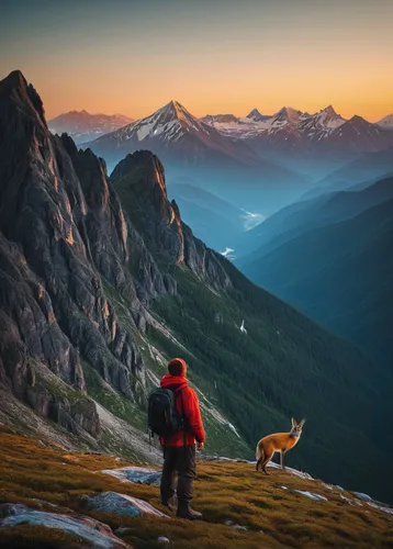 A solitary traveler encounters friendly locals during a remote mountain hike.,dog hiking,mountain sunrise,tyrolean hound,patagonian fox,alpine marmot,mountain guide,hare of patagonia,british columbia,