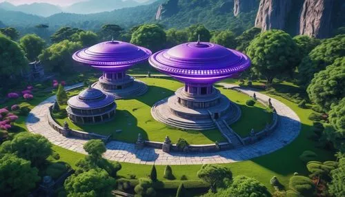 roof domes,mushroom island,poseidons temple,ancient city,artemis temple,temple fade,stone lotus,temples,stone pagoda,hub,futuristic landscape,granite dome,temple,mushroom landscape,purple landscape,turrets,mausoleum ruins,stone palace,marble palace,sky space concept,Photography,General,Realistic