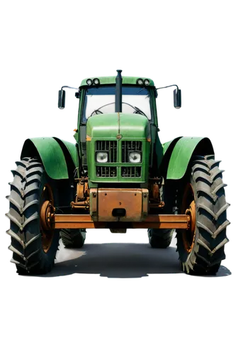 Tractor, agricultural vehicle, green body, rusty metal, large wheels, detailed engine, driver seat, steering wheel, rural scene, afternoon sunlight, shallow depth of field, warm color tone, 3/4 compos