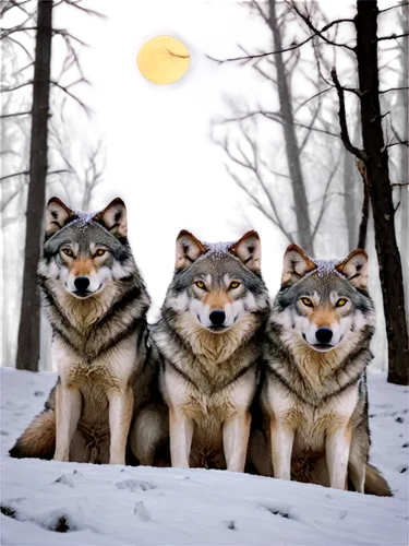 pack of wolves, winter scene, snow-covered forest, full moon, howling, sharp teeth, yellow eyes, fluffy fur, varied sizes, sitting, standing, lying down, dynamic poses, misty atmosphere, cinematic lig