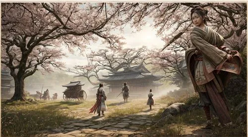  woman children ai summer queen in garden horse wagon ,yi sun sin,the cherry blossoms,goki,plum blossoms,japanese sakura background,hanbok,shuanghuan noble,sakura trees,samurai,plum blossom,spring fes