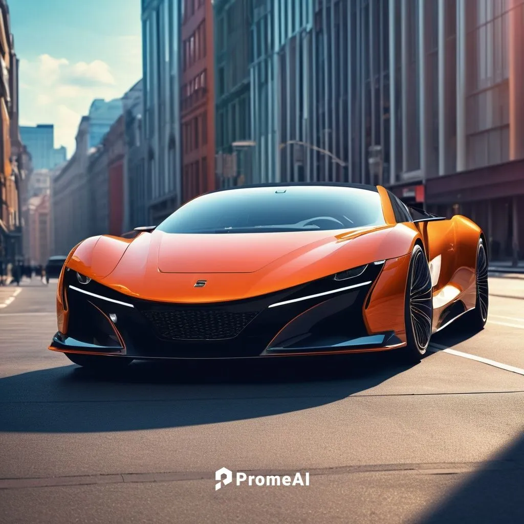 Create a beautiful,  colored, futuristic, sporty car image. Impressive Beauty in design shape The background image is a street in the capital.,mclaren automotive,electric sports car,p1,i8,honda nsx,sp