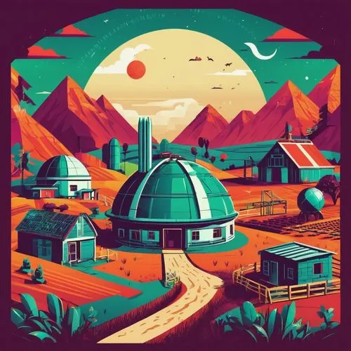 altiplano,mountain huts,wigwam,mountain settlement,mountain station,round hut,futuristic landscape,alien planet,digital nomads,home landscape,space port,yurts,earth station,gas planet,aurora village,stratovolcano,volcano,huts,observatory,tipi,Illustration,Vector,Vector 17