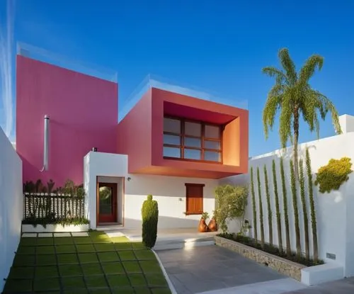 DISEÑO ESTERIOR DE UNA CASA ESTILO MINIMALISTA, USANDO EN UN VOLUMEN EL COLOR ROSA MEXICANO Y EL RESTO EN COLOR BLANCO, CON CANCELES DE ALUMINIO Y CRISTAL TRANSPERENTE, CORRCCION DE ERRORES.,this is a